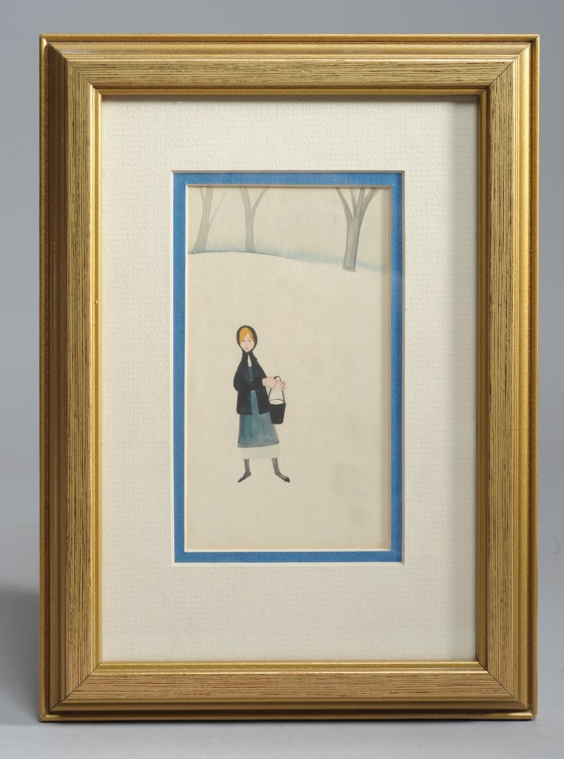 P. Buckley Moss (1933 - 2024) Original Watercolor: Watercolor on paper portrait of a girl standing in landscape with a bucket by Patricia Buckley Moss (New York / Virginia, 1933 - 2024), signed lower right, matted and framed. Visible image: approx. 5 