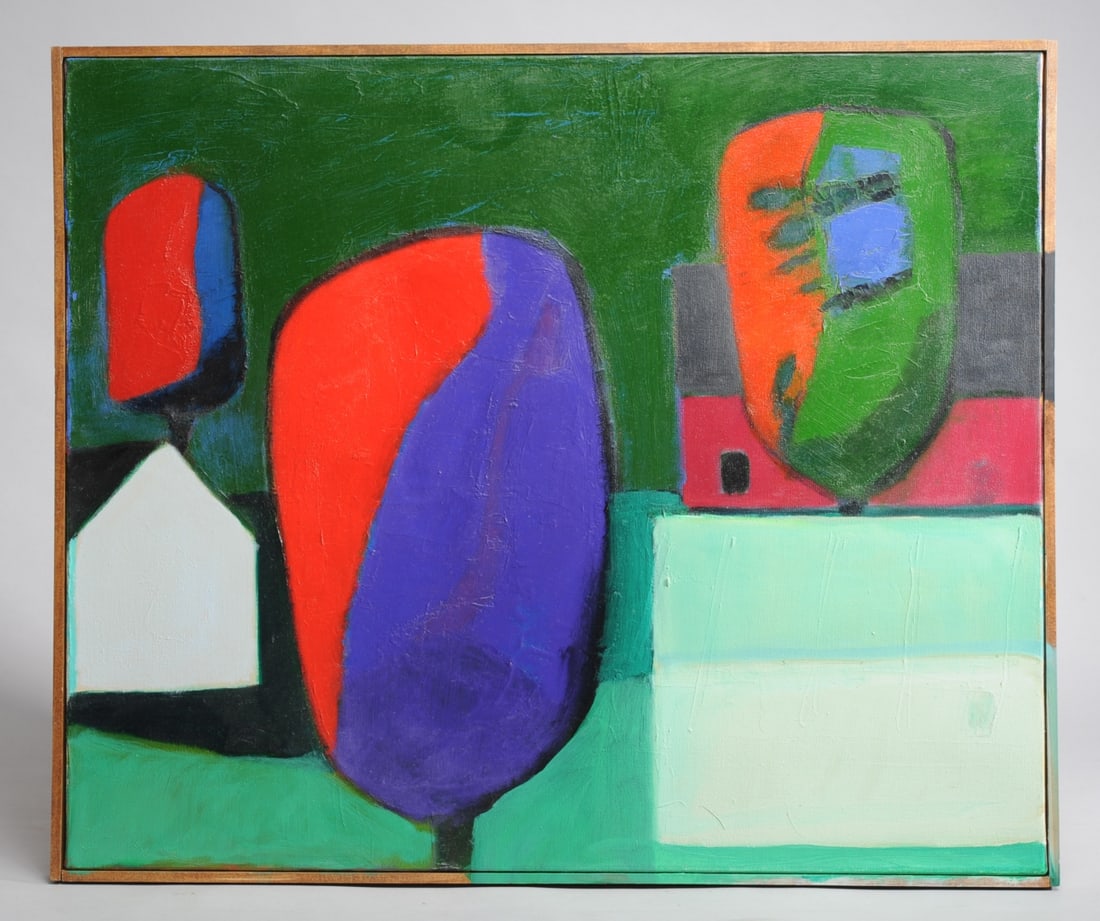 Jan Carl ter Weele (1935 - 2022) Oil on Canvas: "Trees and Houses" oil on canvas by Jan Carl ter Weele (1935 - 2022), signed and dated (20)08 lower left, signed and titled to verso, framed. Visible image: approx. 23 3/4" x 19 7/8". Frame: approx. 2