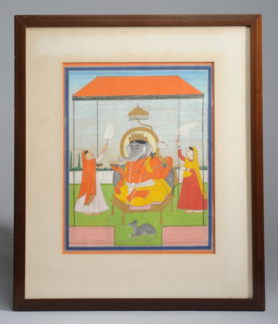 Kangra School Painting, India, Ganesh: Kangra school painting in gouache on paper showing Ganesh, enthroned, flanked by attendants and accompanied by his companion rat. Lord Ganesh is known as the remover of obstacles. Frame, approx. 18 3/