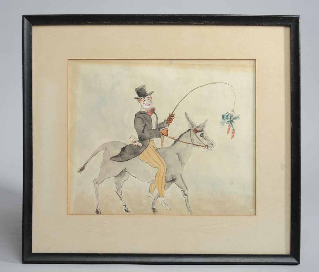 Early 20th C. Watercolor of Clown on Donkey (1 of 4)