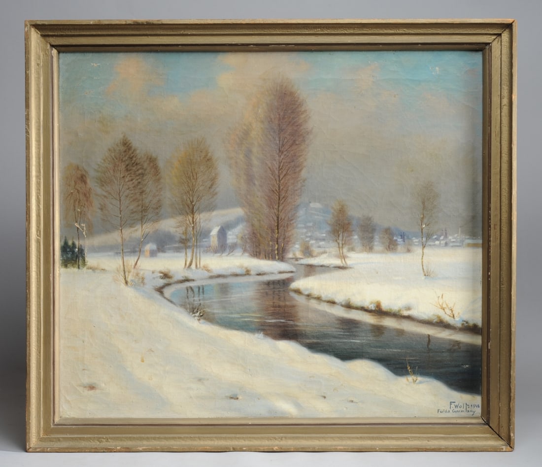 Signed Oil on Canvas Winter Landscape: Signed F. Wolf lower right and dated 1948, with the scene identified as Fulda Germany. Some scrapes and paint loss to canvas. Framed. Visible image: approx. 27" x 23 1/2". Frame: approx. 30 3/4" x 27 
