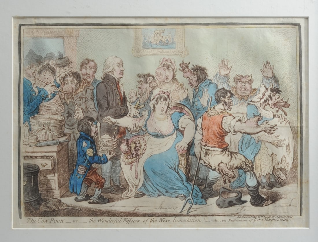James Gillray (1756 - 1815) Etching: "The Cow-Pock-Or-The Wonderful Effects of The New Inoculation!-Vide-The Publications of Ye Anti- Vaccine Society" published June 12 1802 by H. Humphrey, St. James's Street. Hand colored etching after