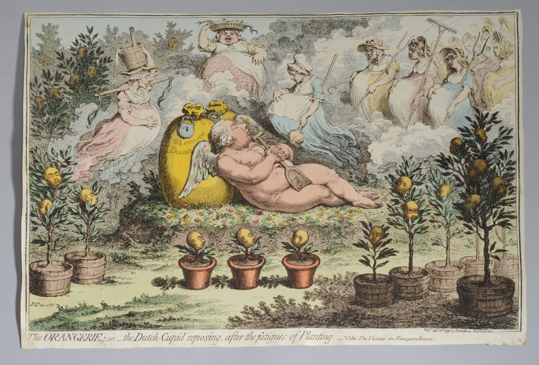 James Gillray The Orangerie... Etching: James Gillray (English, 1756 - 1815) hand colored etching "The Orangerie; _or_ the Dutch Cupid reposing, after the fatigues of planting. - vide. The Visions of Hampton Bower." Published September 16th