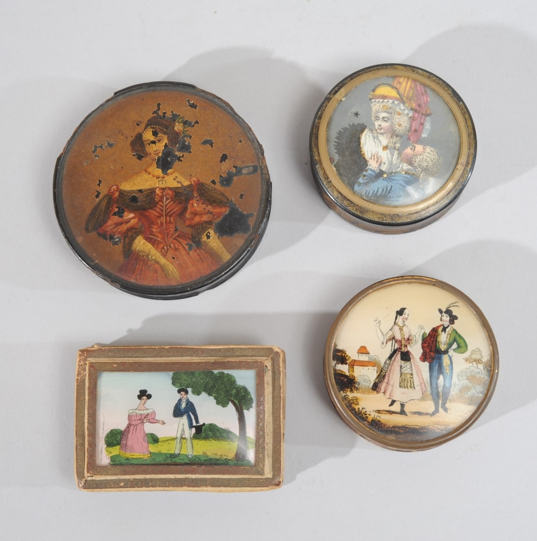 (4) 18th / e.19th C. French Snuff Boxes: Snuff and/or bon bon boxes, to include an 18th C. faux tortoise shell papier mache box with humorous decoupage collage under brass-bound glass top; a black papier mache snuff box with hand painted top