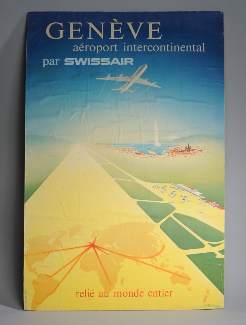 Original 1958 Swissair Poster Walter Mahrer: Original poster for Swissair and the Geneva International Airport, a jet taking off overhead with the landmark fountain, the Jet d'Eau, visible below. Artist: Walter Mahrer. Signed in the print, lower