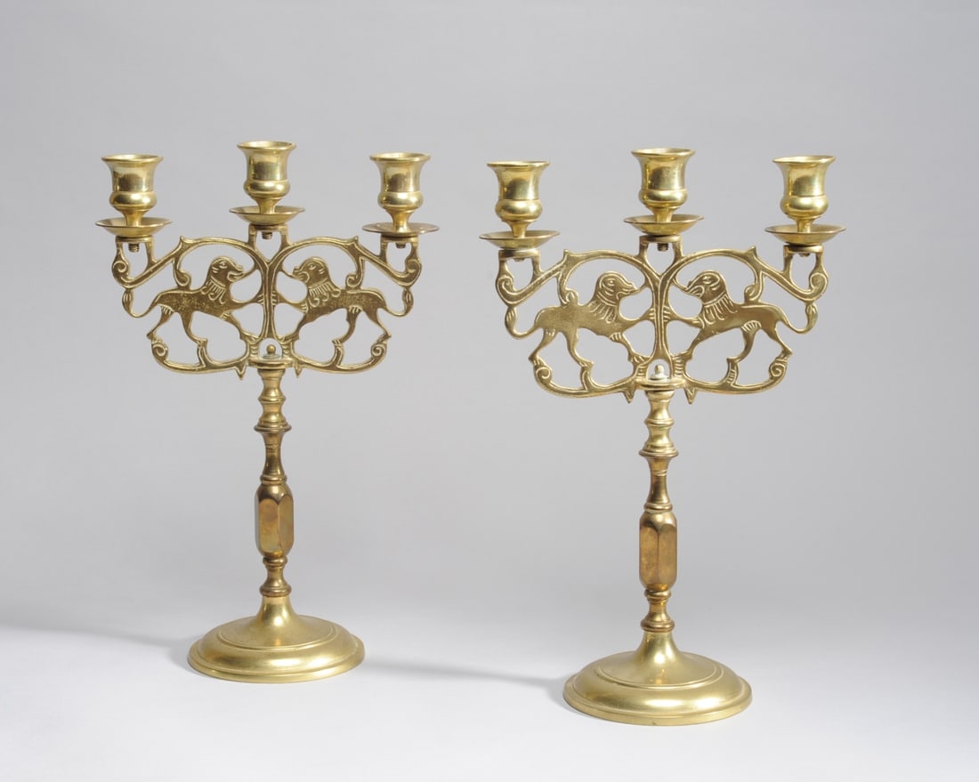 Pair of Brass Lion of Judah 3-Arm Candelabra (1 of 6)