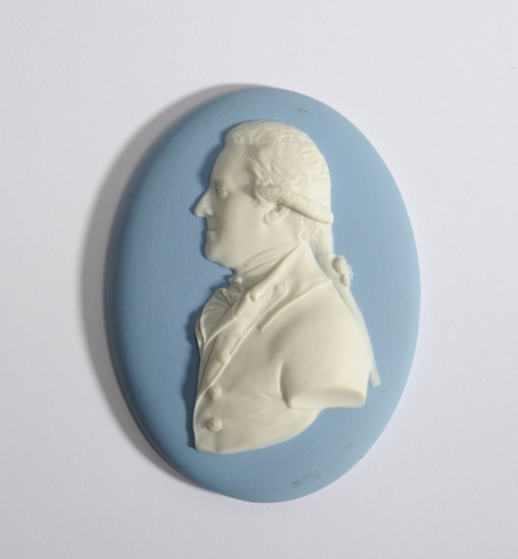 Wedgwood Blue Jasper Portrait Plaque Wm. Franklin: Wedgewood blue jasper portrait plaque of William Franklin (1730 - 1813), New Jersey Governor and son of Benjamin Franklin. Approx. 4 1/2" x 3 3/8".