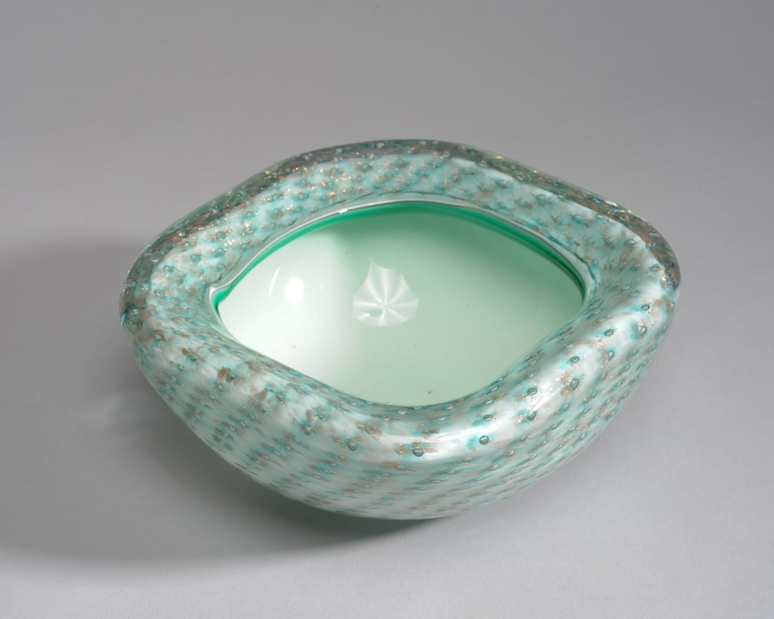 Murano Bullicante Art Glass Bowl: Original label to base. Approx. 6 1/2" x 6 1/2" x 3".