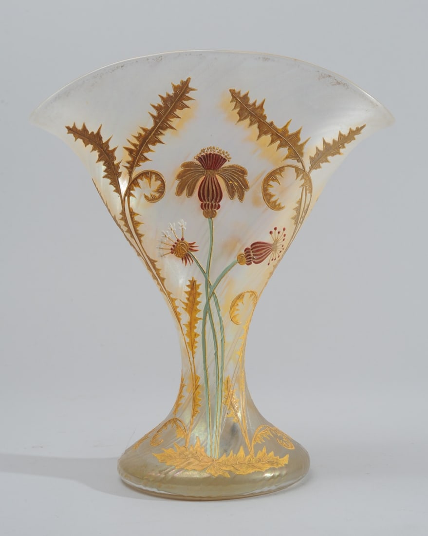 Antique Art Glass Vase, Mt. Washington?: Stunning art glass vase, the subtly iridescent glass slightly twisted as it flows from wide foot through slender waist and opens to a wide fan shape. The glass is decorated with hand painted gilt and 