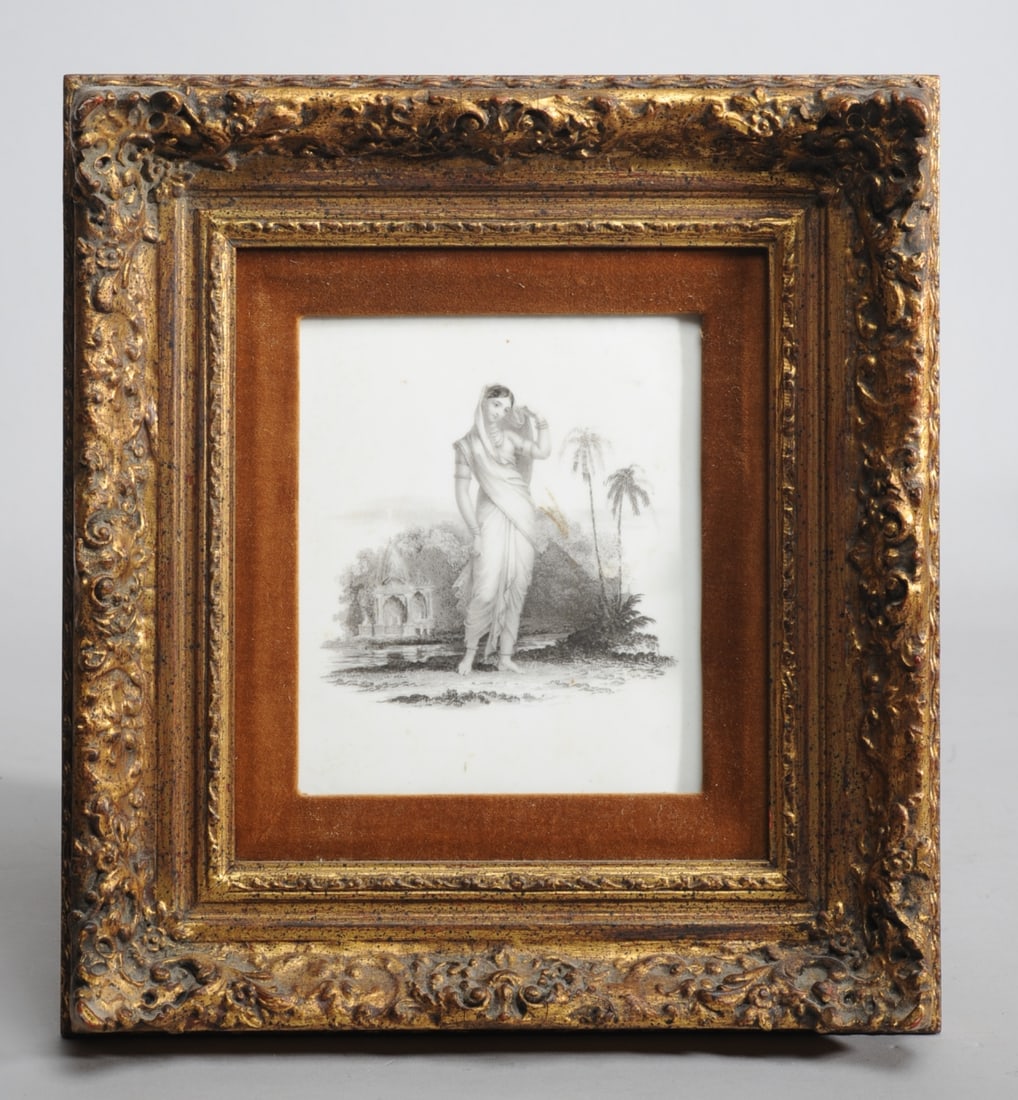 19th C. Transfer-Printed Porcelain Plaque: Featuring a robed figure in a romantic, Orientalist setting, in giltwood frame. Visible image: approx. 6" x 5". Frame: approx. 12 1/4" x 11 1/4".