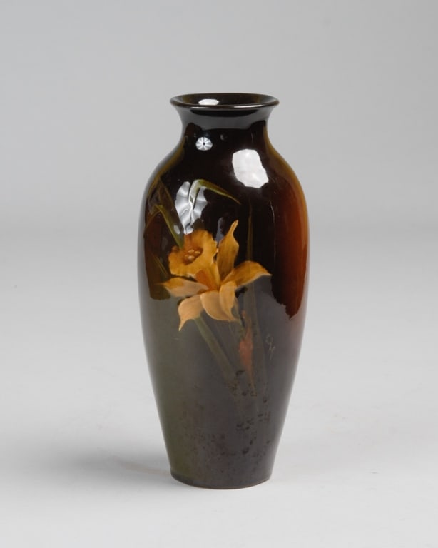 Weller Pottery Artist Signed Vase: Louwelsa or Lonhuda vase by Weller Pottery with monogram signature to side, no visible chips, cracks or repairs.H: approx. 9 1/4".