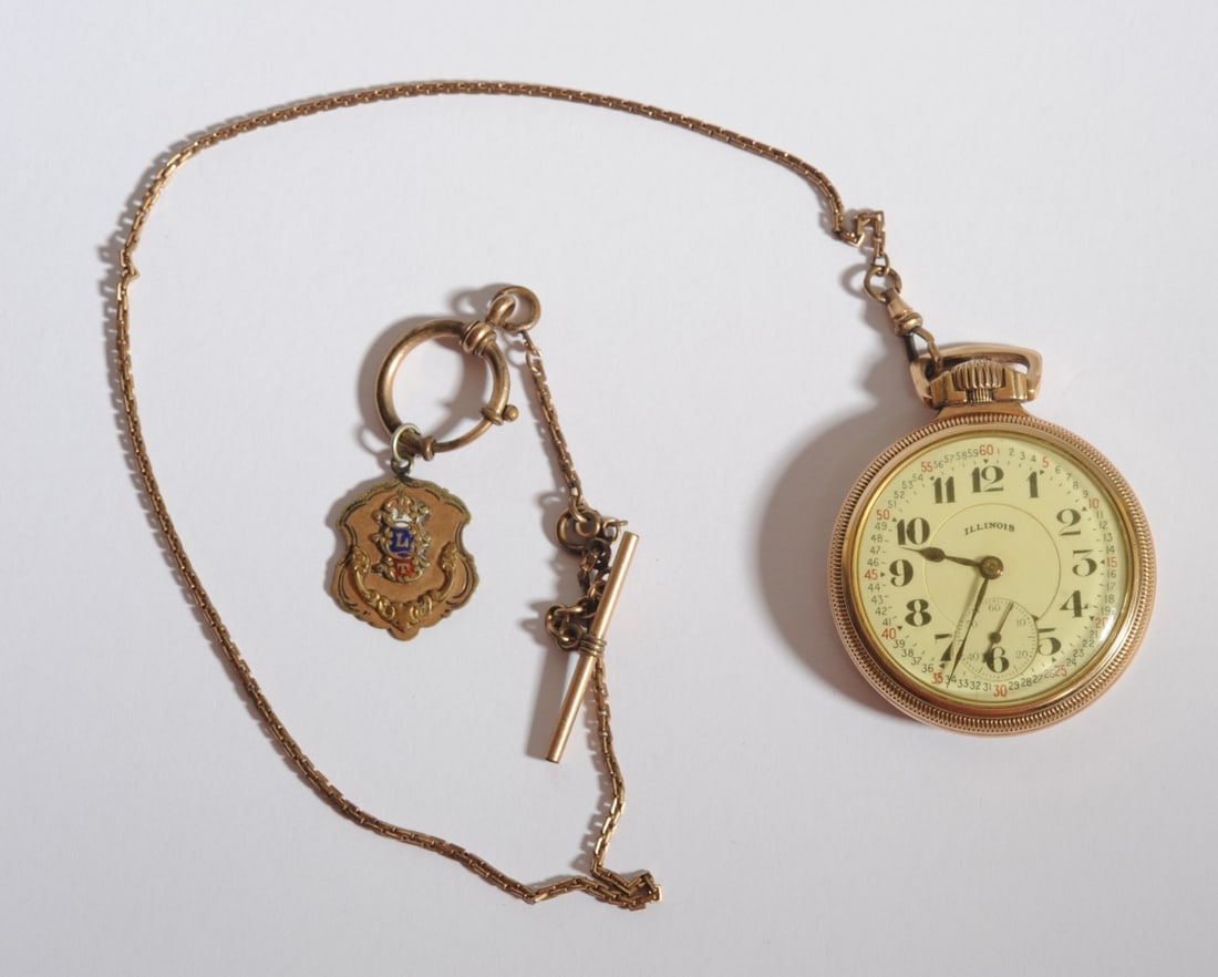 10K Gold-Filled Illinois Watch Co Bunn Special: Sixty hour Bunn Special pocket watch in Keystone case by Illinois Watch Co., motor barrel, 21 jewels, adjusted temp and six positions, 4940321 to movement, 9592471 to inside back case, chain with fob