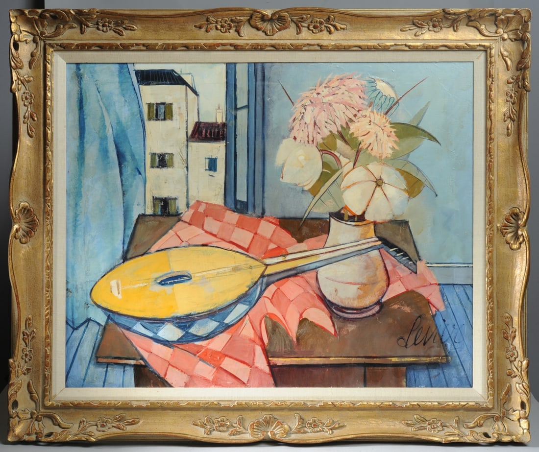 Charles Levier (1920-2023): Oil on canvas painting of a mandolin on a table near a vase of flowers in a blue room, with buildings visible through the window beyond. Signed lower right. Frame approx. 37" x 31". Sight approx. 29 1