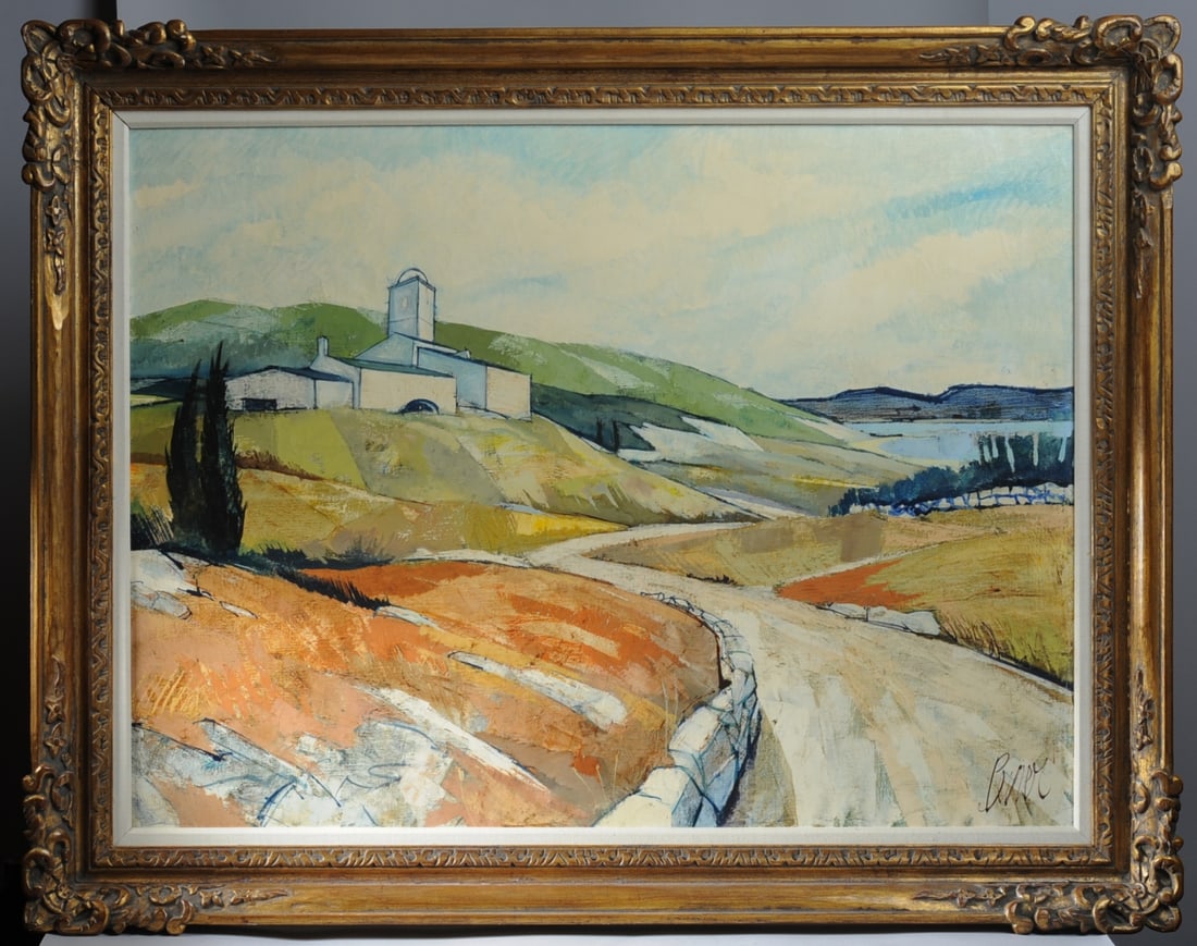 Charles Levier (1920-2003): Large landscape painting by Corsica-born French American artist Charles Levier, titled to verso "Campagne en Corfe" and showing a scene in Corfu with winding road, stone wall, church with bell tower,