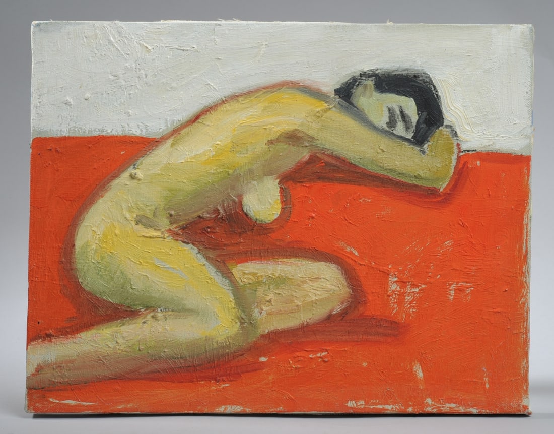 Sally Turner (American, 20th C.) Oil on Canvas: Female nude oil on canvas by Sally Turner (American, 20th C.), unsigned, unframed. Approx. 14" x 11".