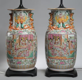 Pair Lg. Chinese Rose Medallion Vases as Lamps