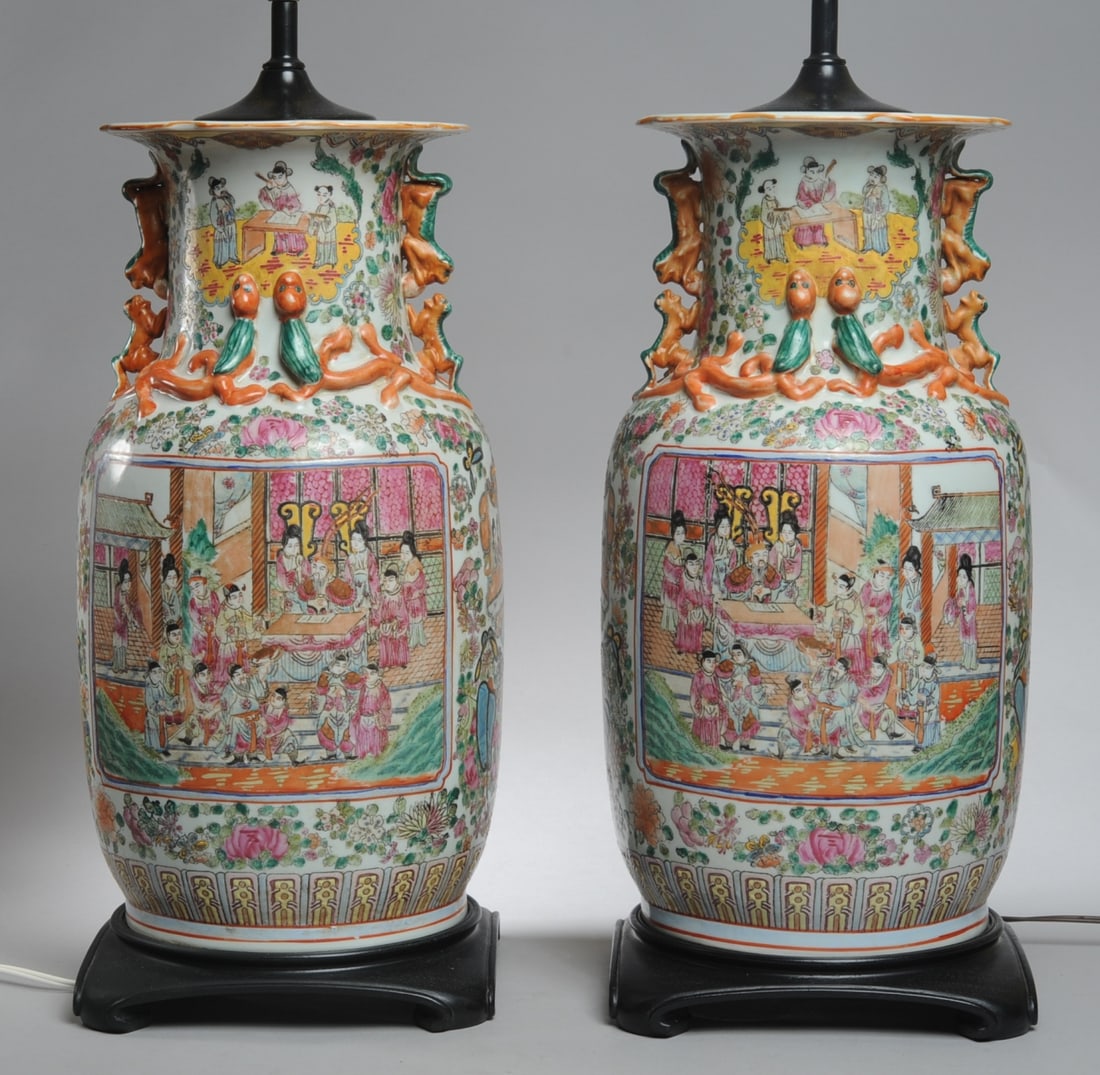 Pair Lg. Chinese Rose Medallion Vases as Lamps (1 of 15)