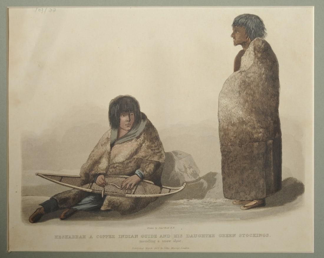 1823 Lithograph, Lt. Hood, Copper Indians: Color lithograph showing an indigenous Northwest Territories (Canada) father and daughter captioned: "Keskarrah a Copper Indian guide and his Daughter Green Stockings Mending a Snow Shoe". The image s