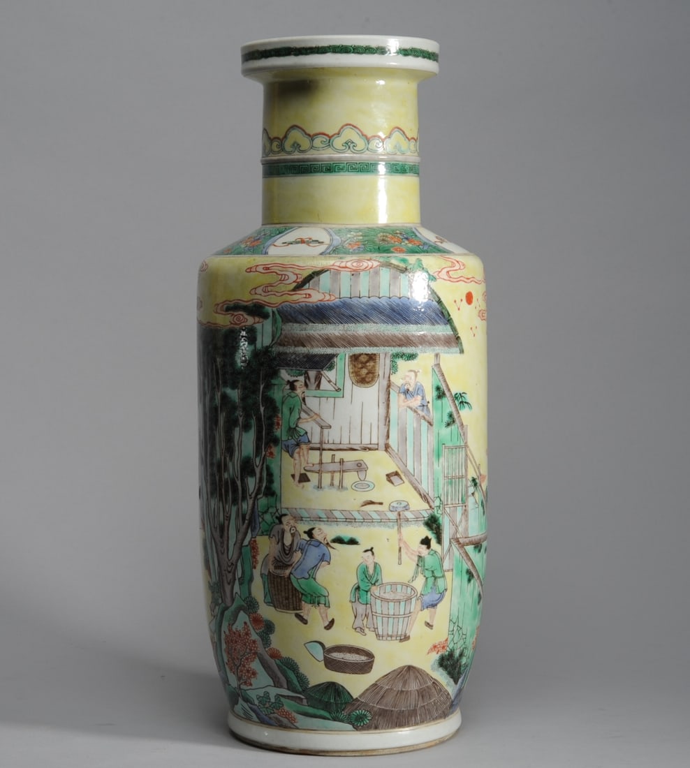 Chinese Yellow Ground Famille Verte Rouleau Vase: With scenes of silk farming, Kangxi mark but 20th century. H: approx. 18". Dia: approx. 7 1/4".