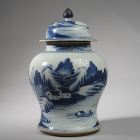Chinese Blue & White Landscape Jar & Cover