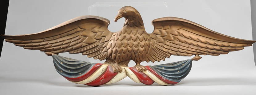 Vintage Virginia Metalcrafters Eagle Wall Plaque: Marked to back. Approx. 38 1/4" x 11 1/2" x 3 1/2".