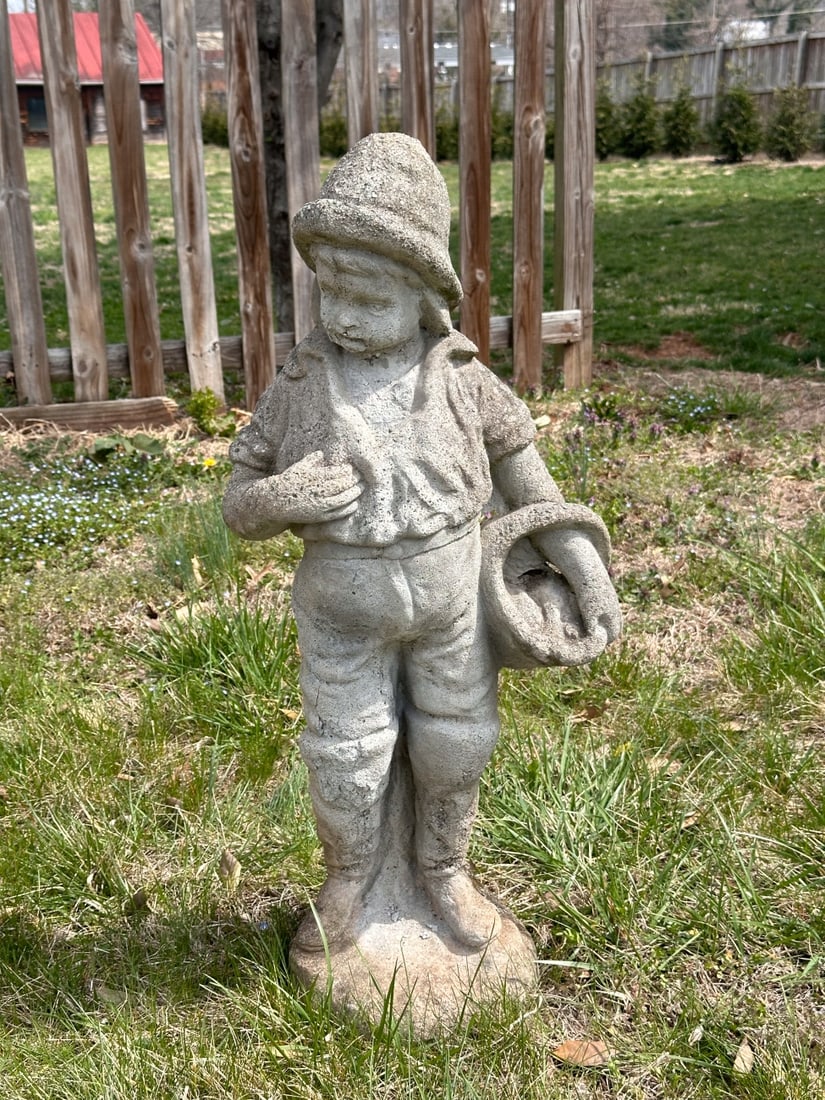 Vintage Cement Garden Statue, Boy w/ Basket (1 of 14)