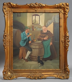 Mid-Century Oil on Canvas Wine Cellar Scene