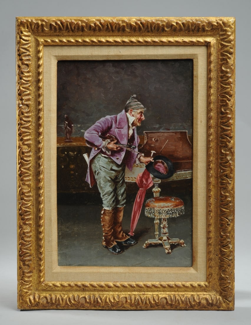 Continental Oil Painting of a Violinist: Unsigned oil on canvas painting of an elderly man in purple jacket, green pants, holding a red umbrella and with a knit cap on his head but what appears to be a top hat in his hand, holding a violin u