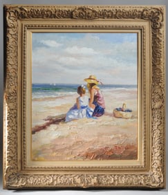 Oil Painting Mother & Daughter at Beach