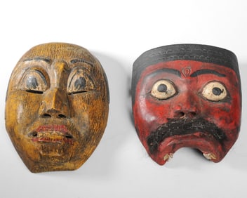 Two Lombok Carved Wood Dance Masks Topeng