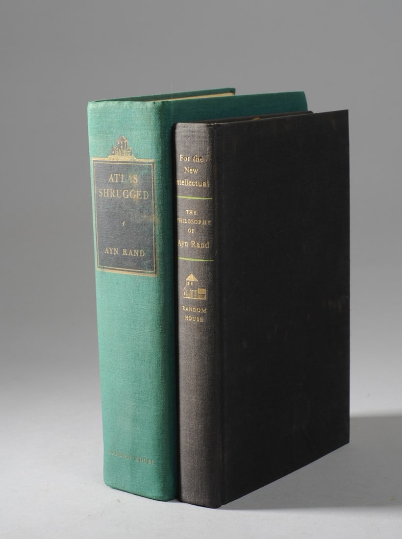 Ayn Rand 1st Edition 1st Printing Atlas Shrugged +: Random House, New York, 1957, no dust jacket, some scuffs and wear to outer covers, previous owner's name in pencil to interior page, some folds to page corners. Approx. 8 3/4" x 5 7/8" x 2". Together