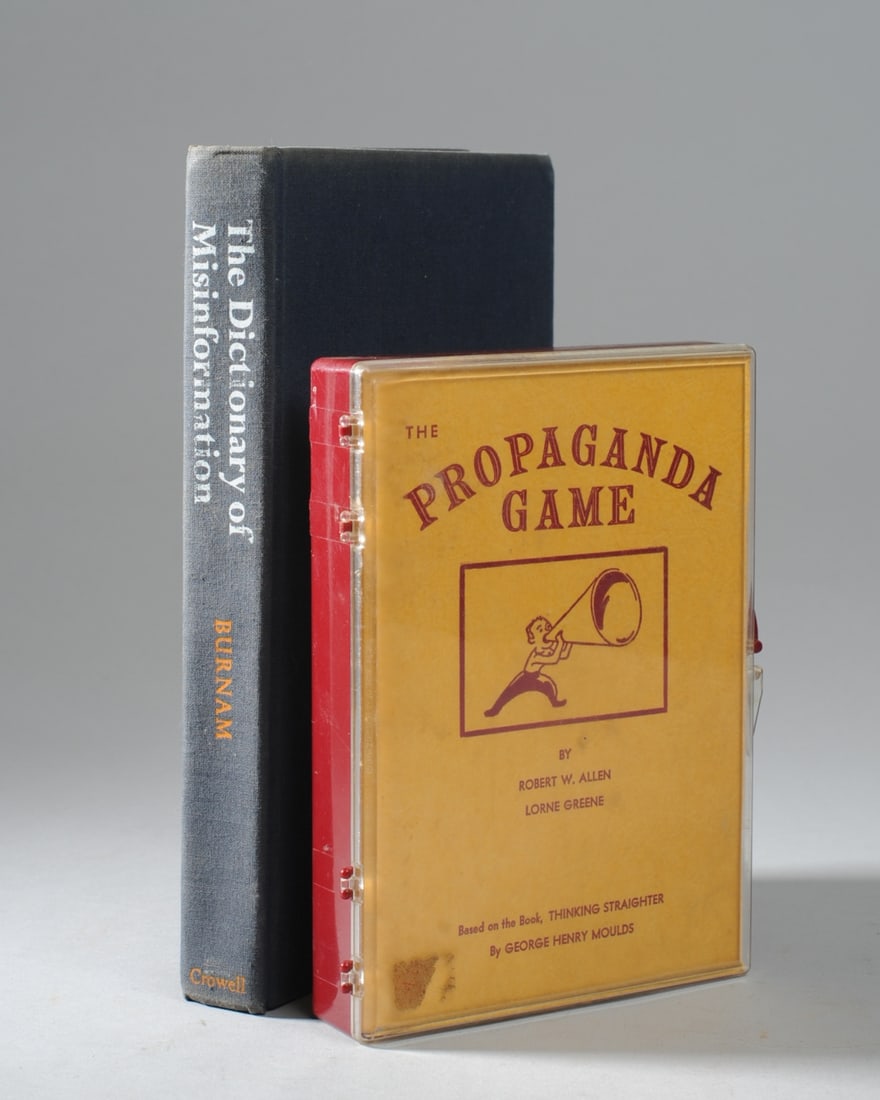 The Propaganda Game + Dictionary of Misinformation: "The Propaganda Game" (1966 edition) by Robert W. Allen and Lorne Greene in plastic box (with item's pictured, not sure if complete), together with "The Dictionary of Misinformation" by Tom Burnham, h