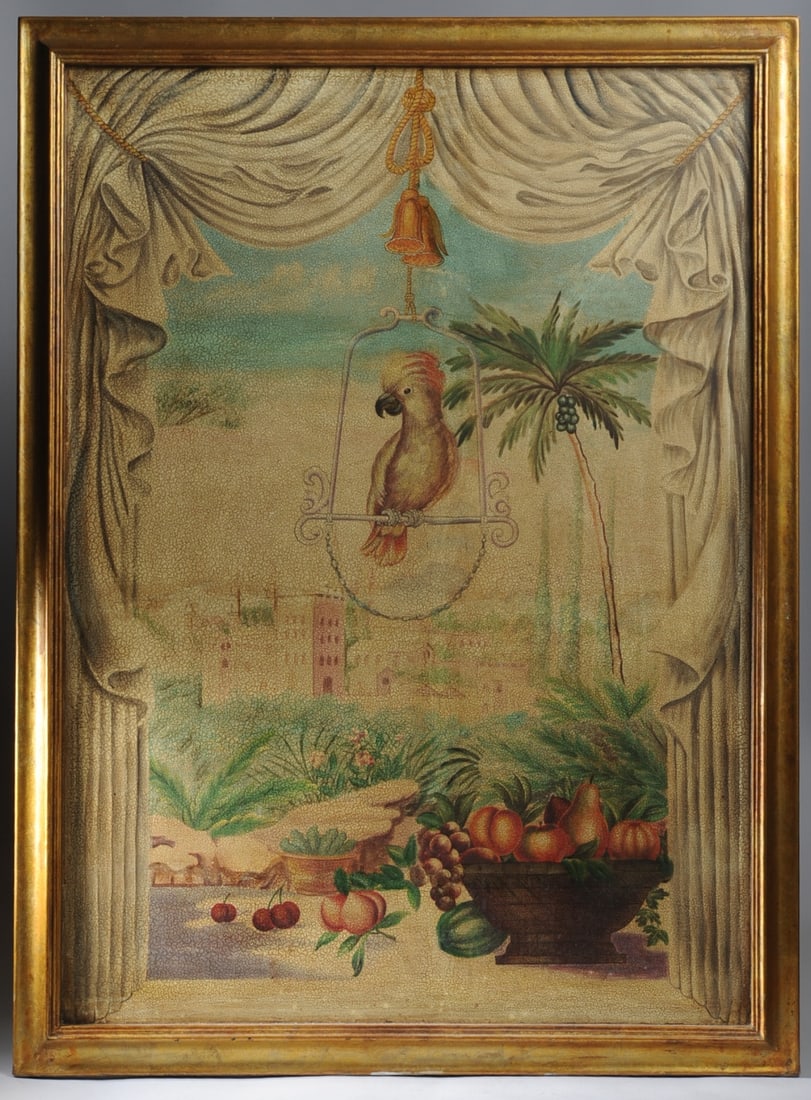 Large Paint Embellished Print of Parrot: Italianate print with paint embellishment and allover craquelure showing a window with open draperies in which a parrot is centered on its perch, with a bowl of fruit on the window sill and a Mediterr