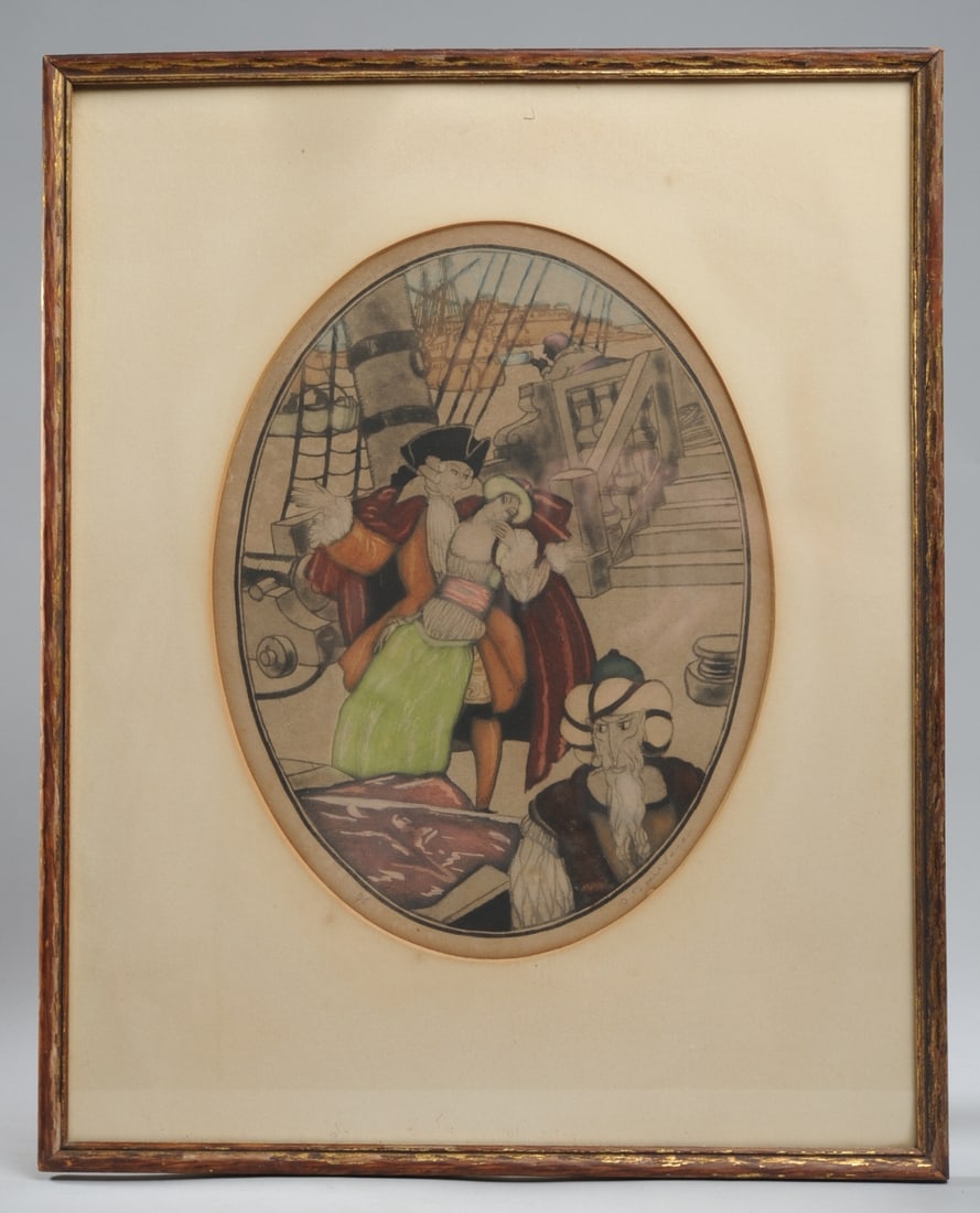 Sylvain Sauvage (French 1888-1948) Signed Etching: Original 1926 color etching and aquatint by Sylvain Sauvage shows a scene on the deck of a ship, with a swooning woman in the arms of a French gentleman, while a bearded man in a turban glowers. Signe