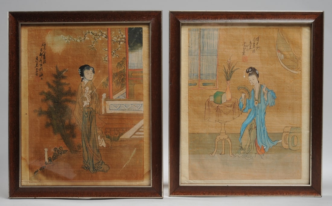 Pair Late Qing Chinese Paintings on Silk: Two framed paintings in watercolor and / or gouache on silk, showing high ranking young Chinese women in an interior and in a garden. Both with calligraphy inscriptions and with the same artist's red
