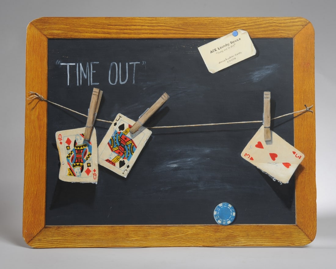 Trompe-l'oeil Painting, Deena Hunkler-Sanks: Oil on board trompe-l'oeil painting showing dripping wet playing cards clothes-pinned to a line hanging across a blackboard with the words "Time Out" in chalk, a single blue poker chip, and a business