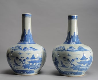 Pair Chinese Export Canton B&W Bottle Vases