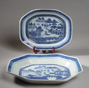 2 Chinese Export Canton Blue & White Platters