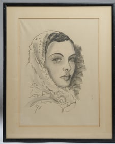 Vintage Framed Charcoal Sketch of Woman