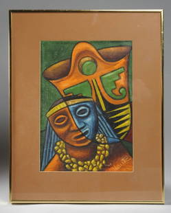 Raphael Moises (Mexican, 1910-1995): Mixed media on fabric showing a masked figure and Aztec motifs. Signed lower right. Frame, approx. 20 1/4" x 16 1/8". Sight, approx. 13 1/2" x 9 3/4".