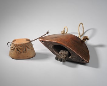 Two Carved Wood Indonesian Cow Bells
