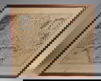 Blaeu c.1640 Map: Nova Virginia Tabula: Important hand colored early map made after John Smith's map of the area around the Chesapeake Bay. Notable in part for its vignettes showing Native American Chief Powhatan, right side with bow and cl