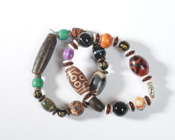 2 Tibetan Bracelets, Agates and Dzi