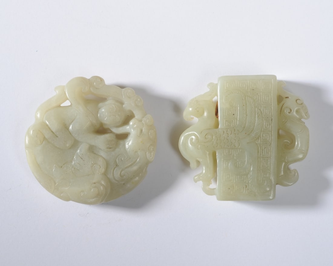2 Chinese Celadon Jade or Hardstone Plaques (1 of 6)