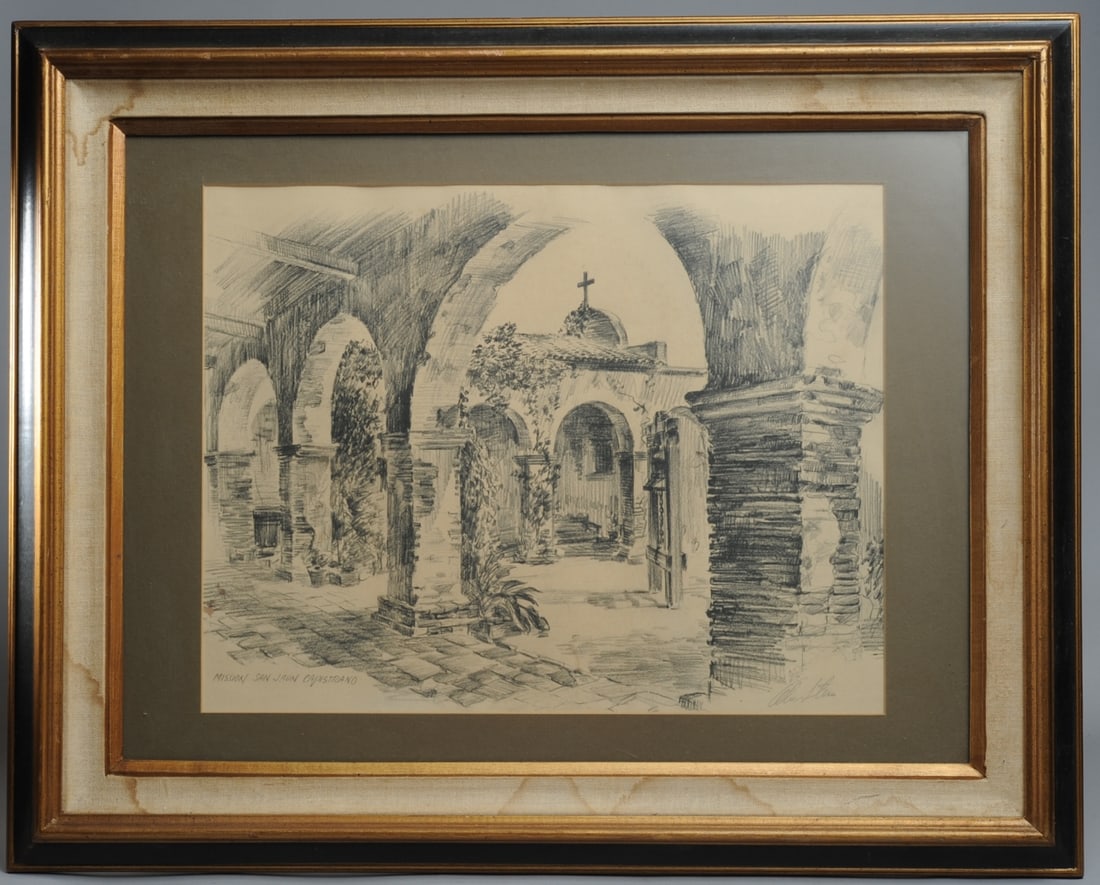Alec Stern Lithograph, San Juan Capistrano: Lithograph by Alec Stern (1904-1994) showing the Mission San Juan Capistrano. Signed in pencil lower right. Linen part of frame is soiled, has water stains. Frame, approx. 29 3/4" x 23 3/4". Sight, ap