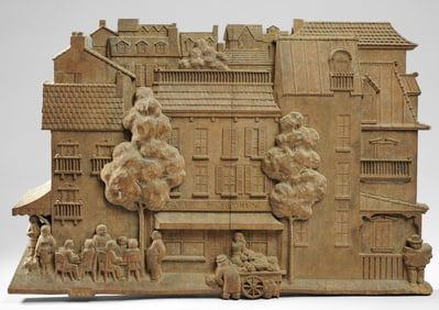 Carved Wood Relief Panel, Parisian Scene