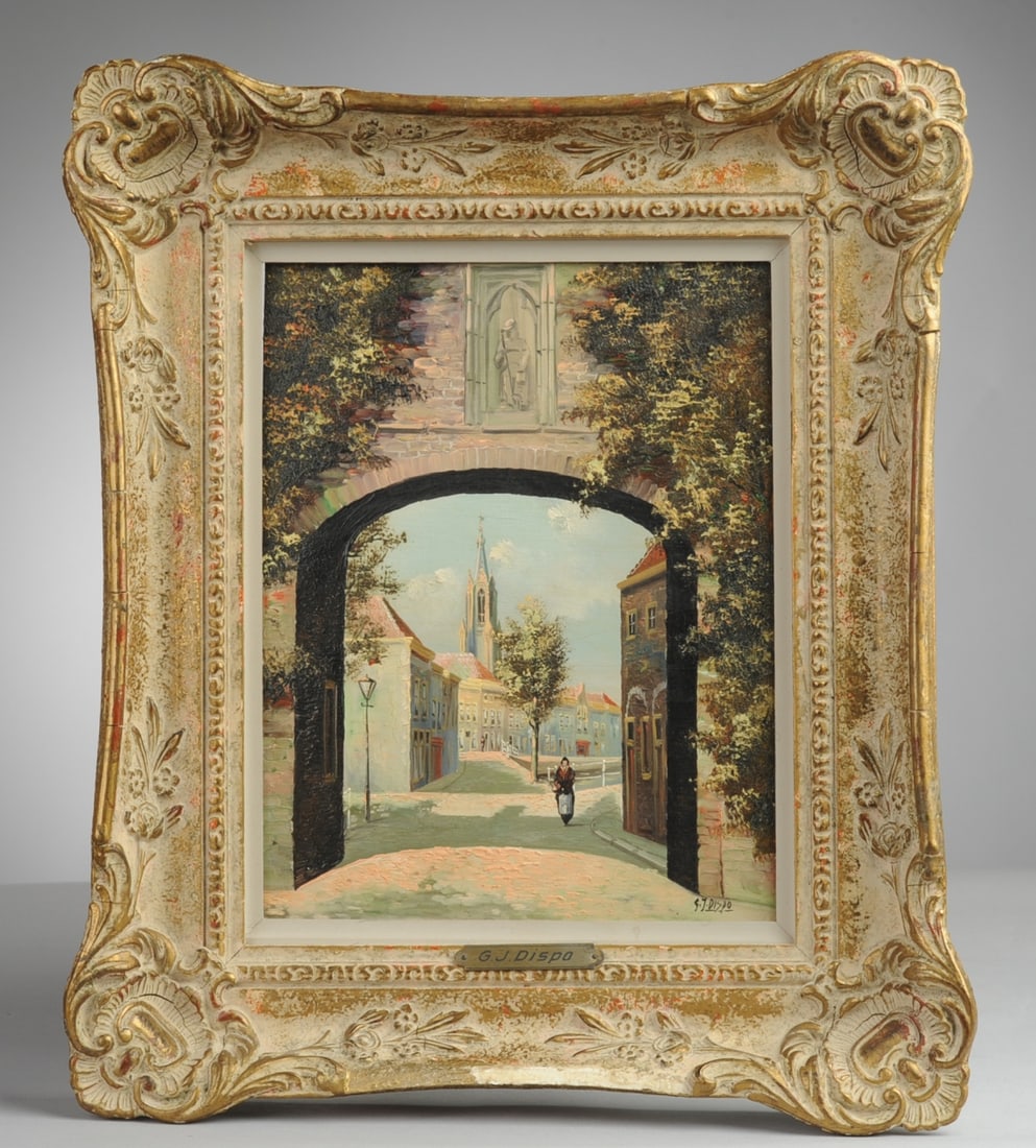 George Jan Dispo (1922 - 1973): Oil on board view of Amsterdam, by Dutch artist George Jan Dispo. Framed and with brass plate with artist's name. Frame, approx. 11 3/4" x 14". 1772761-074 Seamless shipping is available through LiveA