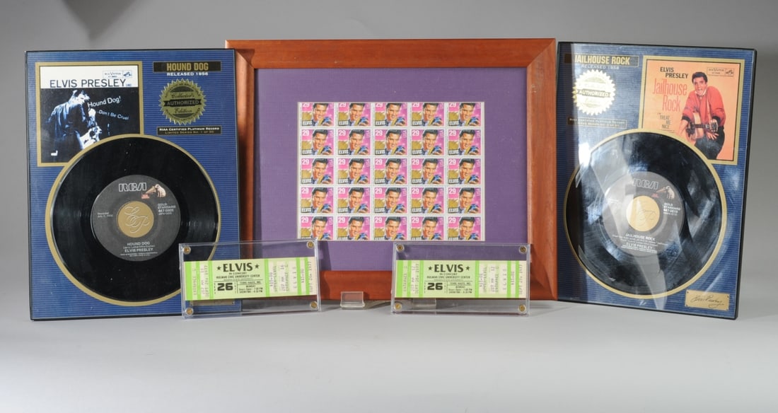 Elvis Presley Grouping, Unused Tickets +: Including two unused tickets to Elvis in concert at Hulman Civic University Center in Terre Haute, Indiana on September 26, 1977 (Presley died on August 16, 1977) both in hard plastic cases, Jail Hous