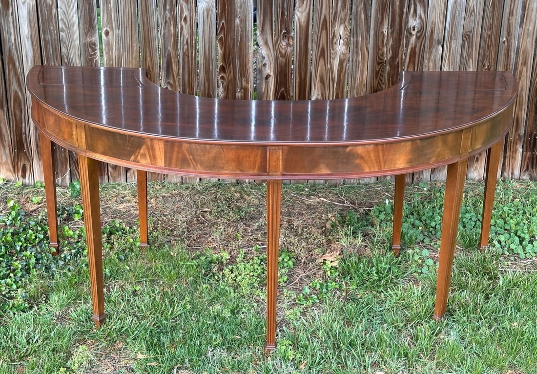 Federal Style Mahogany Wine Cellarette / Server: 20th century demilune wine server with partial mark for F & G / Cambridge / Adolfo, seven tapering square legs, two drop leaves, two recessed compartments with copper inserts. Some minor surface wear