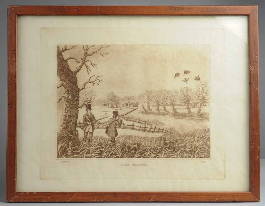 Two 19th C Hunt Scene Engravings after Henry Alken: "Snipe Shooting" and "Pheasant Shooting" after Henry Thomas Alken (English, 1785 - 1851). Snipe Shooting marked H. Alken lower left and 1820 lower right. Near-identically framed, some wear to frames.